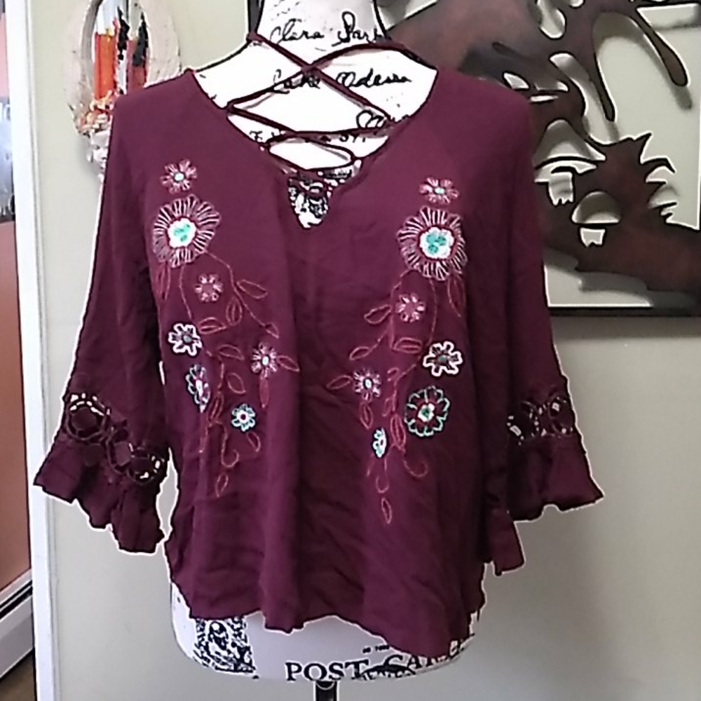 CRIMSON IN GRACE Boho Embroidered Gypsy Top